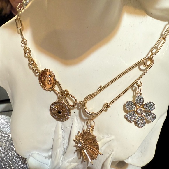 Gold Charm Necklace with Floral and Geometric Pendants - Picture 1 of 4